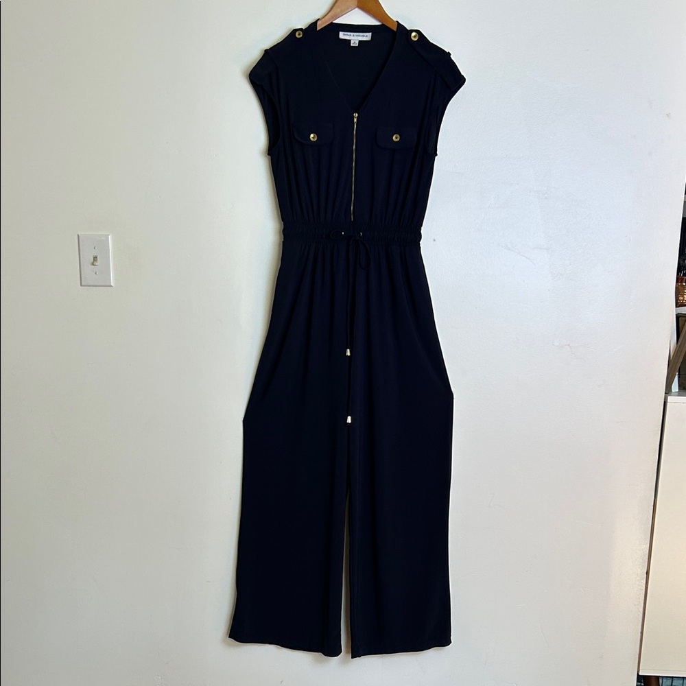 Emma & Michele Navy Sleeveless Jumpsuit with Gold Accents SIZE MEDIUM